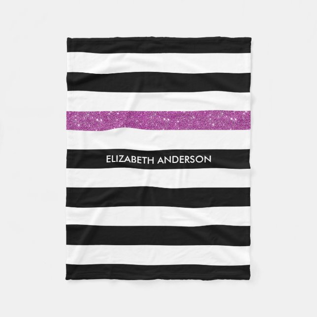Cobertor De Velo Glitz Roxo e Nome Modernos de Black Stripes FAUX (Frente)