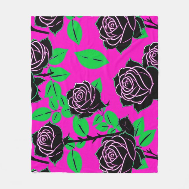 Cobertor De Velo Glossy Black Roses On A Hot Pink Background (Frente)