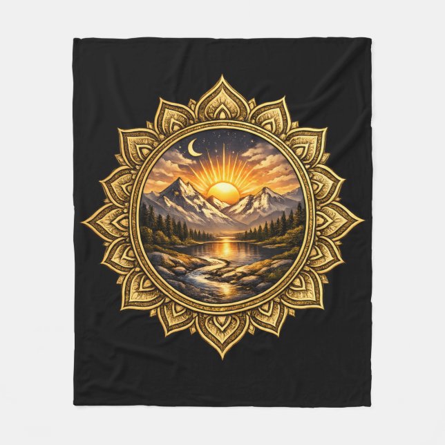 Cobertor De Velo Golden Boho Mandala Mountain Sunset Art | Black (Frente)