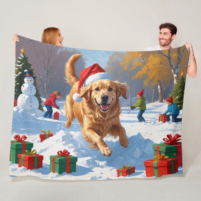 Cobertor De Velo Golden Retriever na Neve com Chapéu de Natal (In Situ)