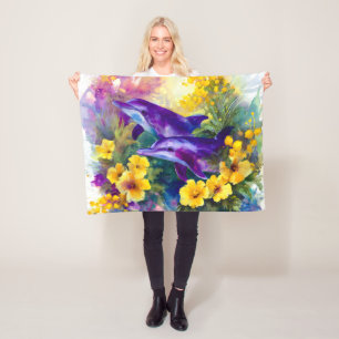 Cobertor De Velo Golfinhos Oceano Aquarela Flores Tropicais