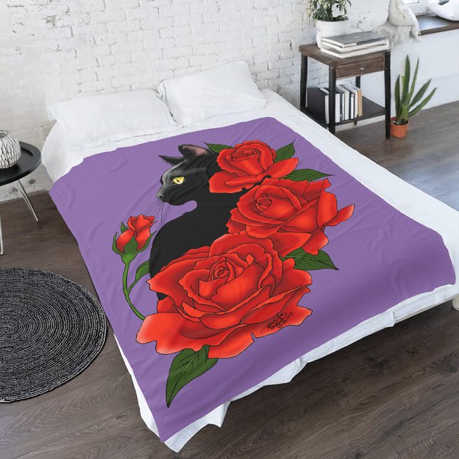 Cobertor De Velo Gótico Gato Preto Rosas Vermelhas Roxo (Criador carregado)