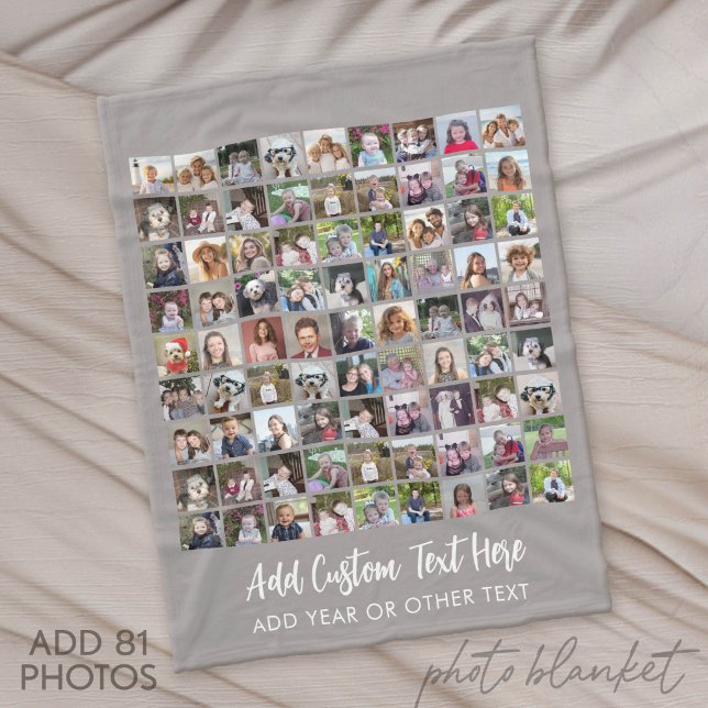 Cobertor De Velo Grade de colagem de fotos 81 com texto - cinza (Custom Fleece Blanket with Photo Collage)