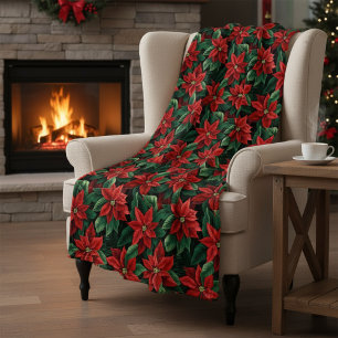 Cobertor De Velo Grandes Poinsettias Vermelhas e Verdes Arte Digita
