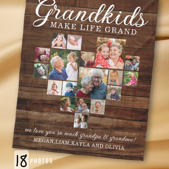 Cobertor De Velo Grandkids Make Life Grand 18 Photo Collage Wood (Criador carregado)