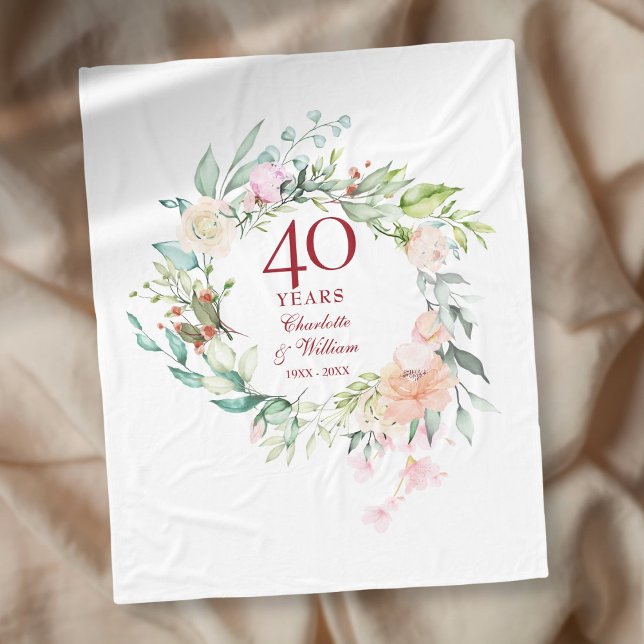Cobertor De Velo Guirlanda Floral de Aniversário de Casamento de Ru (40th Ruby Wedding Anniversary Floral Garland Fleece Blanket)