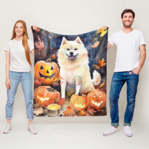 Cobertor De Velo Halloween American Akita Com Pumpkins Assustado
