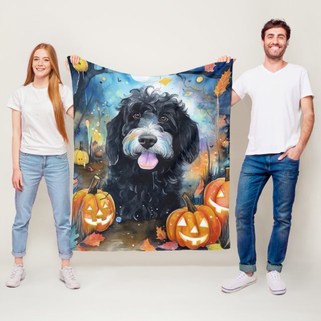 Cobertor De Velo Halloween Bernedoodle Com Pumpkins Assustado (In Situ)