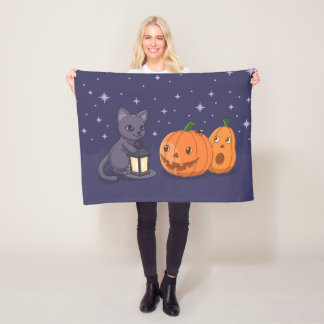 Cobertor De Velo Halloween Black Cat Pumpkins Lantern Purple