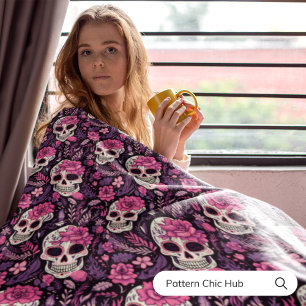 Cobertor De Velo Halloween Black & Pink Sugar Skull Modern Vintage