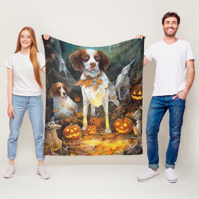 Cobertor De Velo Halloween Brittany Spaniel Com Pumpkins Assustado (In Situ)
