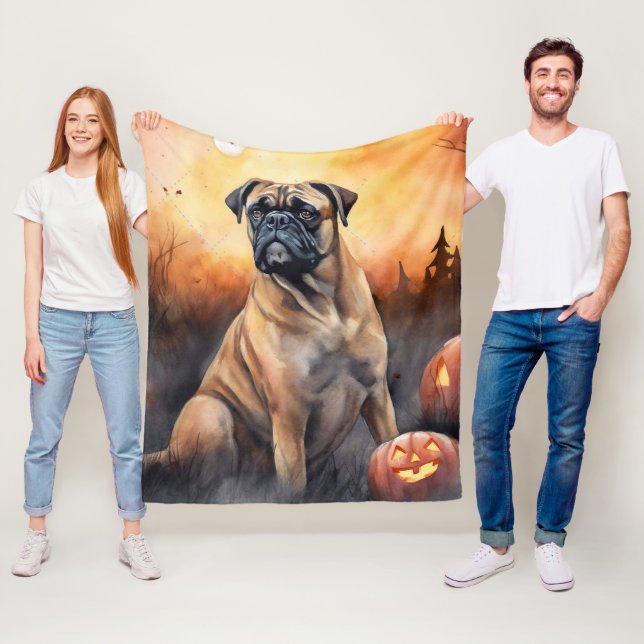 Cobertor De Velo Halloween Bullmastiff Com Pumpkins Assustado (In Situ)