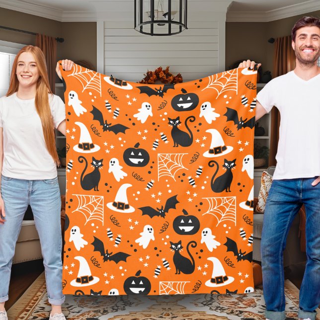Cobertor De Velo Halloween De Retro Clássico Laranja E Preto (Orange And Black Classic Retro Halloween Fleece Blanket)