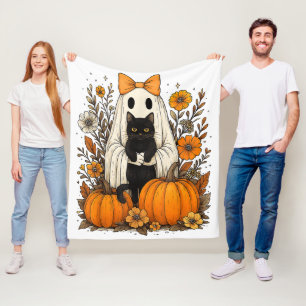 Cobertor De Velo Halloween Ghost segurando gato preto
