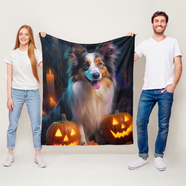 Cobertor De Velo Halloween Shetland Sheepdog Com Pumpkins Assustado (In Situ)