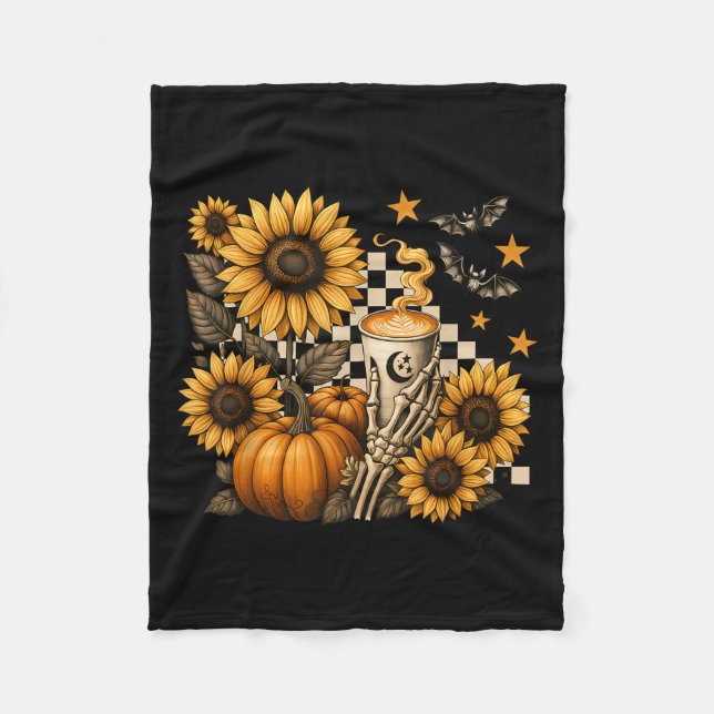 Cobertor De Velo Halloween Skeleton Coffee, Soky Sunflowers Pumpkin (Frente)