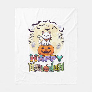 Cobertor De Velo Happy Halloween White Cat Pumpkin Moon Bats Ghosts