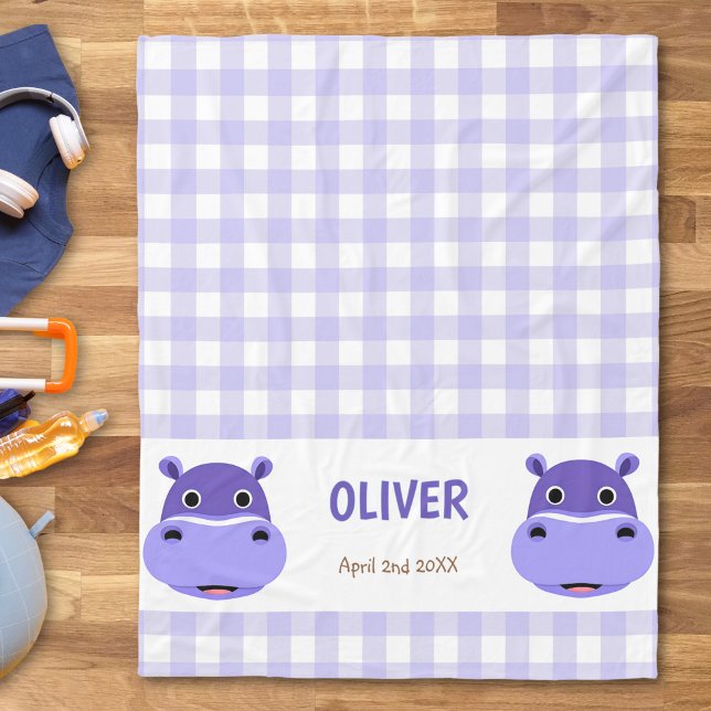 Cobertor De Velo Happy Hippo Face Purple Gingham (Criador carregado)