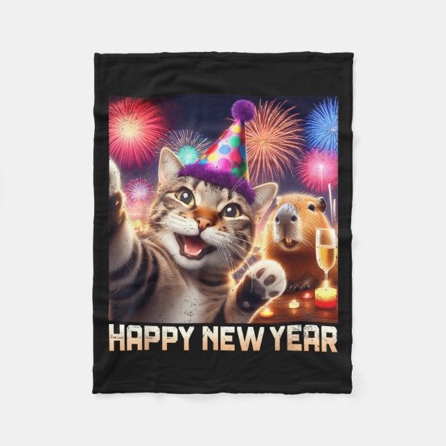 Cobertor De Velo Happy New Year 2026 Cute Cat Capybara Party Art  (Frente)