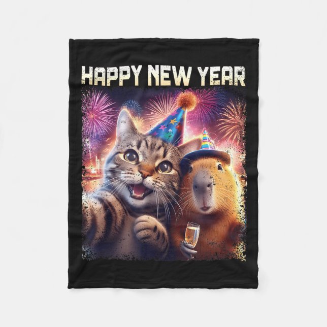 Cobertor De Velo Happy New Year 2026 Cute Cat Capybara Party Art  (Frente)
