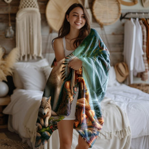 Cobertor De Velo Harmonia entre índio nativo e lobo na natureza