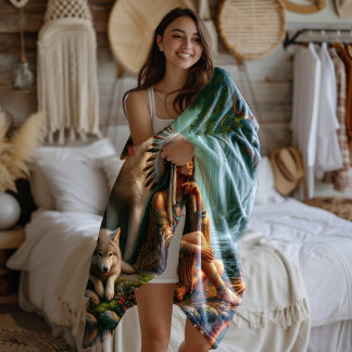 Cobertor De Velo Harmonia entre índio nativo e lobo na natureza