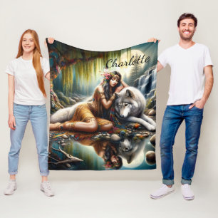 Cobertor De Velo Harmonia entre uma índia nativa e um lobo