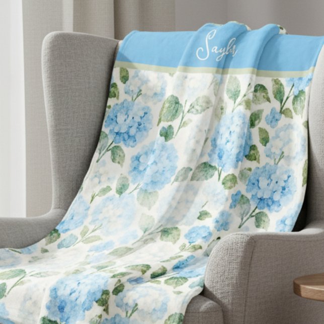 Cobertor De Velo Hidrângea Floral Azul Aquarela Nome (Criador carregado)