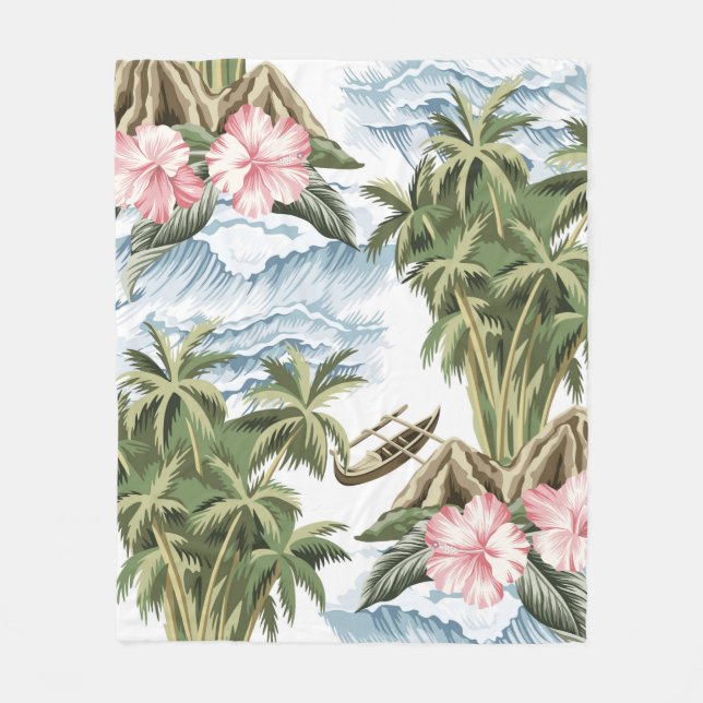 Cobertor De Velo Ilha de colheita havaiana, palmeira, barco, rosa  (Frente)
