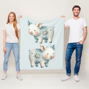 Cobertor De Velo Ilustração Cottagecore de Porco em Patchwork Azul