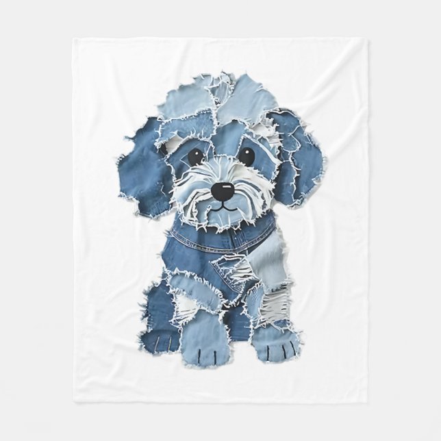 Cobertor De Velo Ilustração de Cachorro com Remendo de Jeans Fofo (Frente)