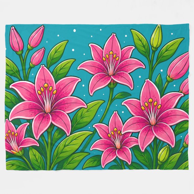 Cobertor De Velo Ilustração de Flores de Lírio Rosa com Folhagem Ve (Frente (Horizontal))