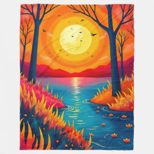 Cobertor De Velo Ilustração Sonhadora de Floresta de Lago ao Pôr do