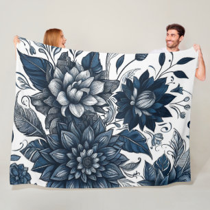 Cobertor De Velo Impressão Floral Boêmia Azul e Branco