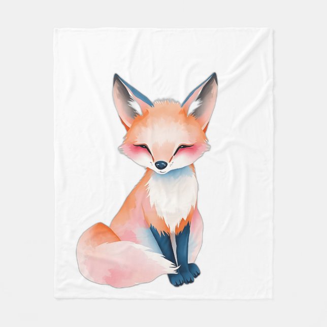 Cobertor De Velo Impressionista Watercolor Fox com Cogumelos (Frente)