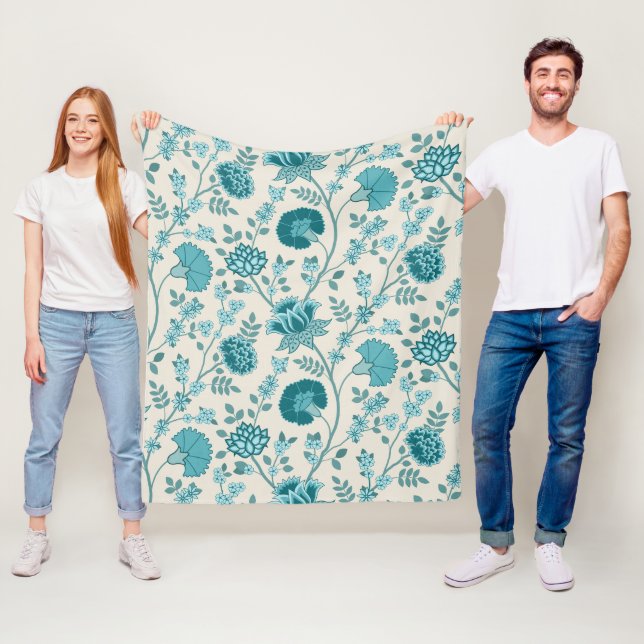 Cobertor De Velo Jacobean Floral Big Pattern Teals em Creme (In Situ)