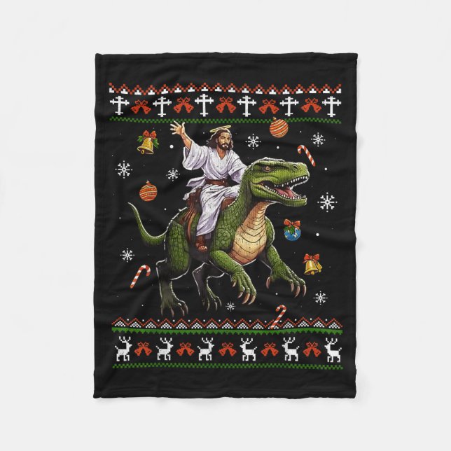 Cobertor De Velo Jesus Riding Dinosaur Funny Meme Ugly Christmas Sw (Frente)