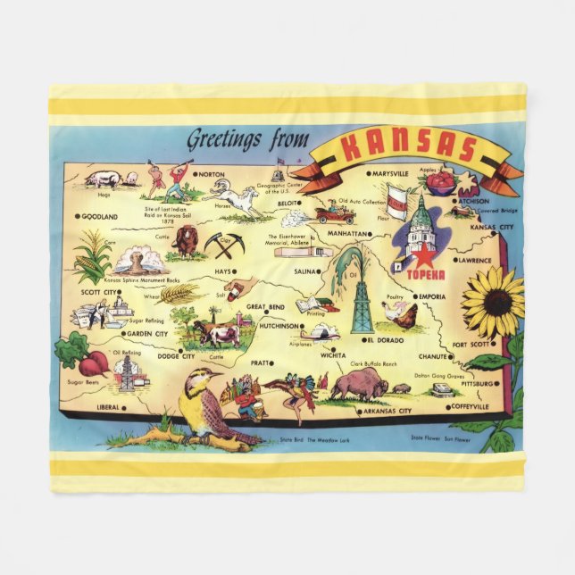 Cobertor De Velo Kansas Postcard Map Throw (Frente (Horizontal))