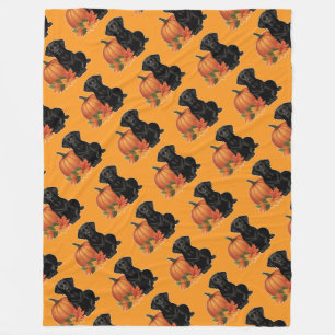 Cobertor De Velo Labrador Negro com Folhas de outono e Abóbora