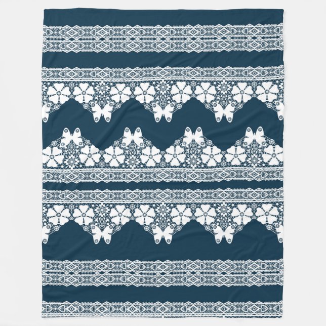Cobertor De Velo Lace branco retrô com borboletas em azul escuro b (Frente)