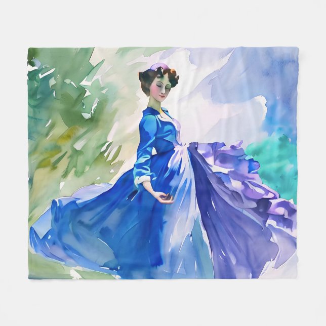 Cobertor De Velo Lady in Blue Vress - Pintura por Aquarela (Frente (Horizontal))