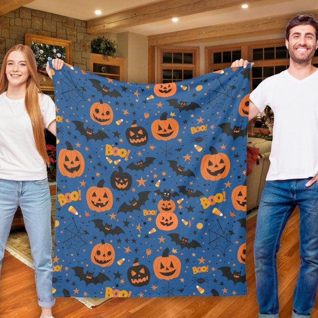 Cobertor De Velo Laranja Verde E Laranja Negra E Halloween Azuis (Cute And Cozy Black Orange And Blue Halloween Fleece Blanket)