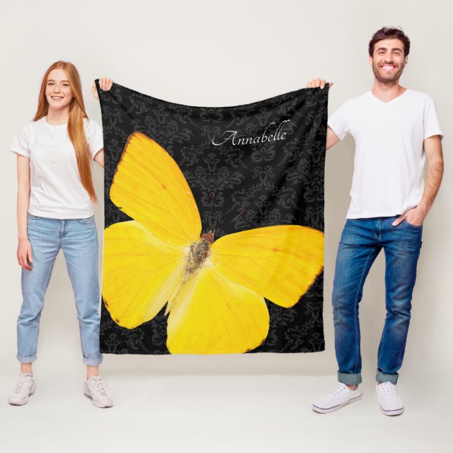 Cobertor De Velo Legenda Yellow Butterfly Black Damask Add Name (In Situ)