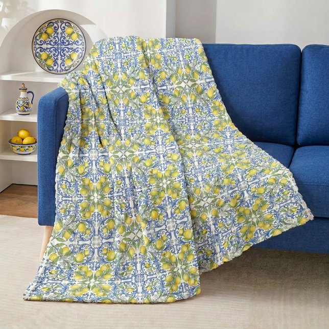 Cobertor De Velo Lemon Citrus Blue Mediterranean Tile Pattern (Lemon Citrus Blue Mediterranean Tile Pattern Fleece Blanket )