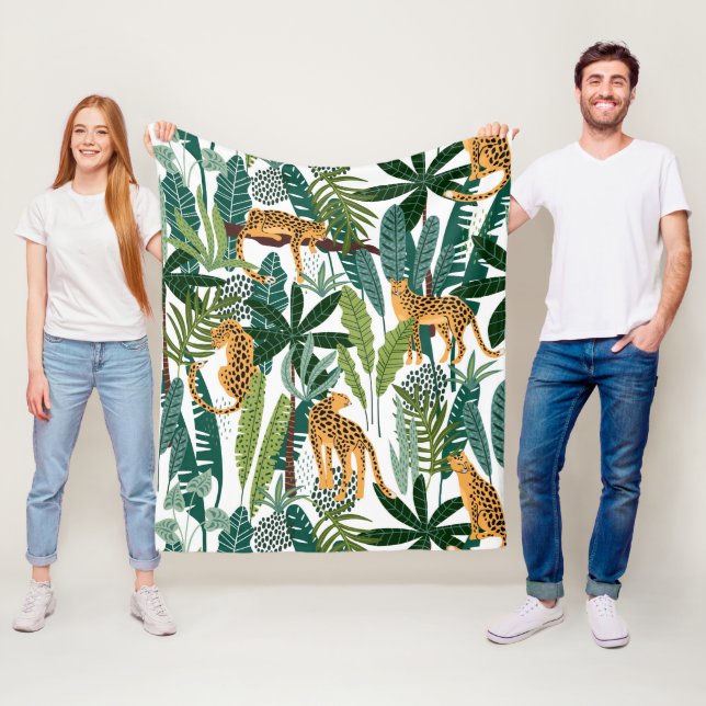 Cobertor De Velo Leopardo castanho em folhas de selva tropical embr (In Situ)