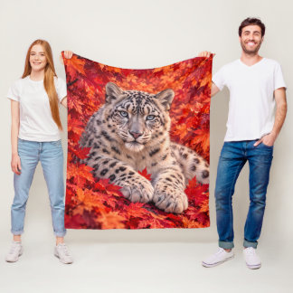 Cobertor De Velo Leopardo-das-neves em Folhas de Bordo de Outono –