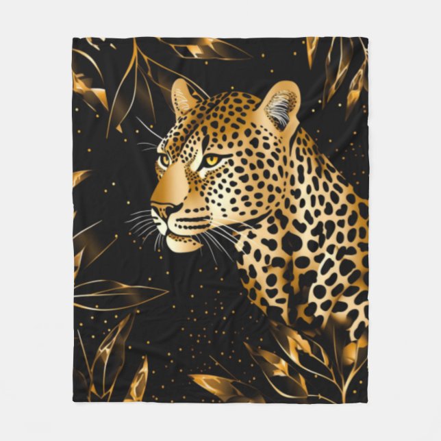 Cobertor De Velo Leopardo Guepardo Preto Dourado Folhas Safari da S (Frente)
