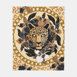 Cobertor De Velo leopard's head surrounded by orchids, gold chain a