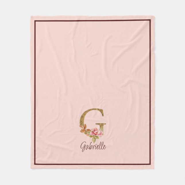 Cobertor De Velo Letra Personalizada G Dourado Folha Rosa Bege Rosa (Frente)