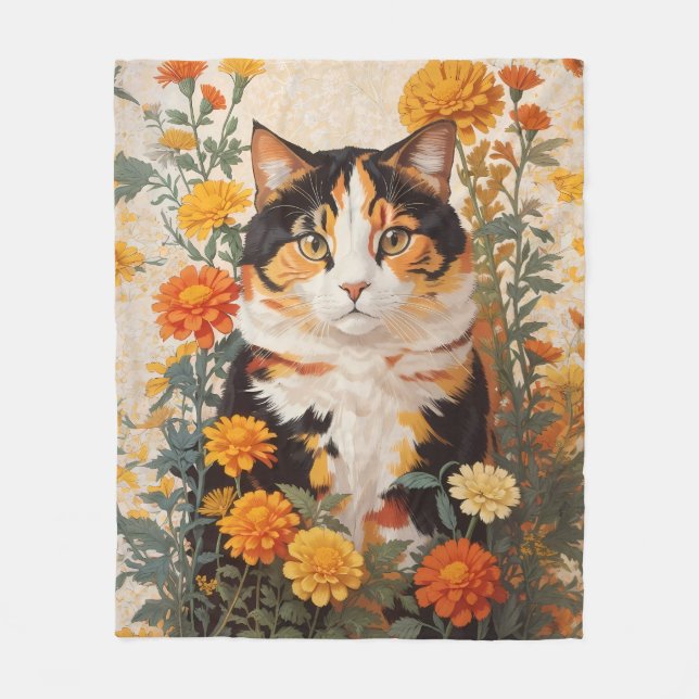 Cobertor De Velo Linda Gato Calico Com Flores Marigold (Frente)